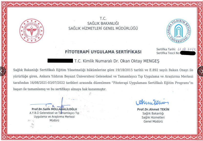 Fitoterapi uygulama sertifikası — Dr. Okan Oktay Mengeş