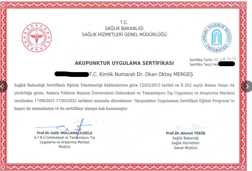 Akupunktur uygulama sertifikası — Dr. Okan Oktay Mengeş