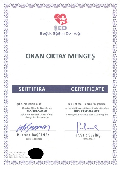 Bio rezonans eğitim/sertifika belgesi — Dr. Okan Oktay Mengeş