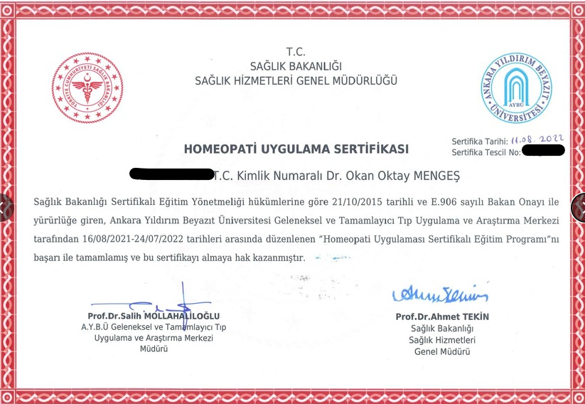 Homeopati uygulama sertifikası — Dr. Okan Oktay Mengeş