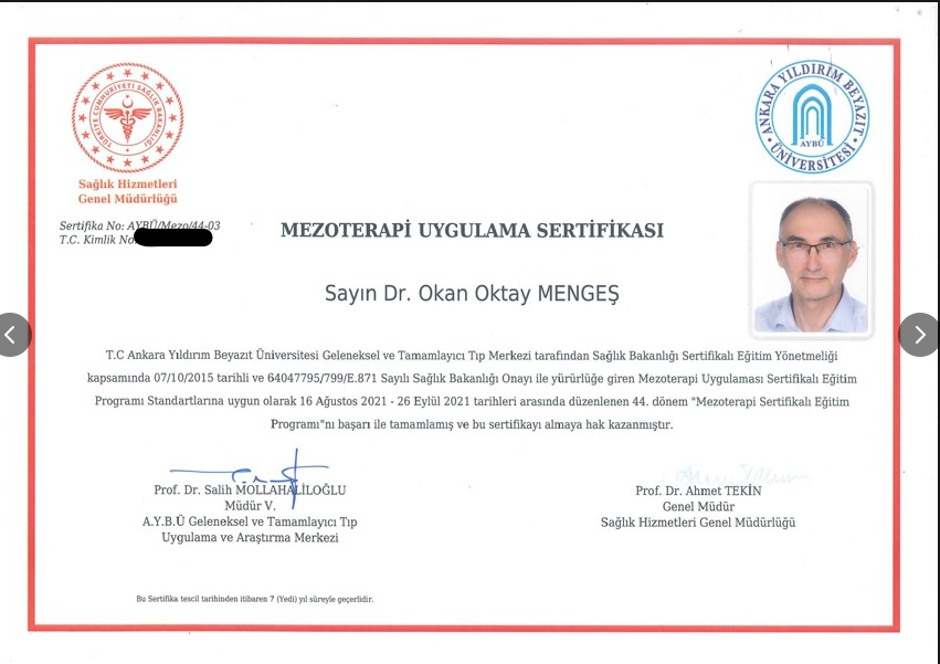 Mezoterapi uygulama sertifikası — Dr. Okan Oktay Mengeş