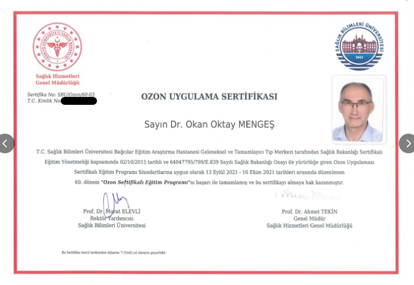 Ozon uygulama sertifikası — Dr. Okan Oktay Mengeş