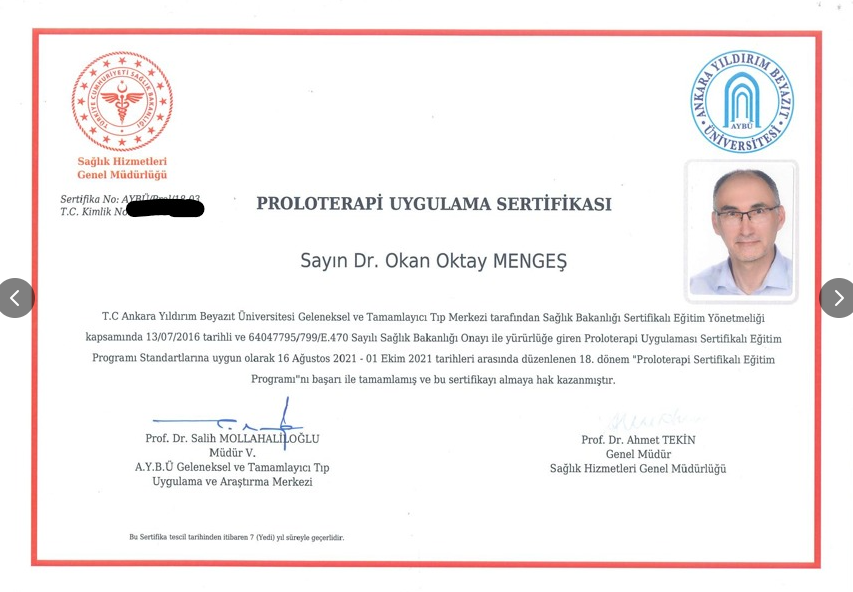 Proloterapi uygulama sertifikası — Dr. Okan Oktay Mengeş