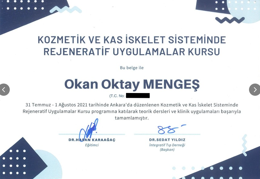Kozmetik ve kas-iskelet rejeneratif uygulamalar kursu sertifikası — Dr. Okan Oktay Mengeş